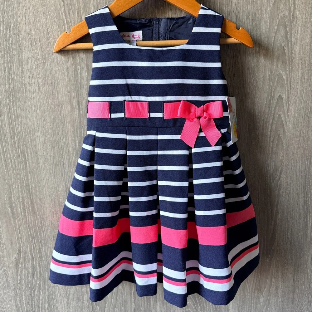 Jessica Ann Dress Set Girls 12M Navy Pink Stripe Nautical Preppy Party Bow NWT